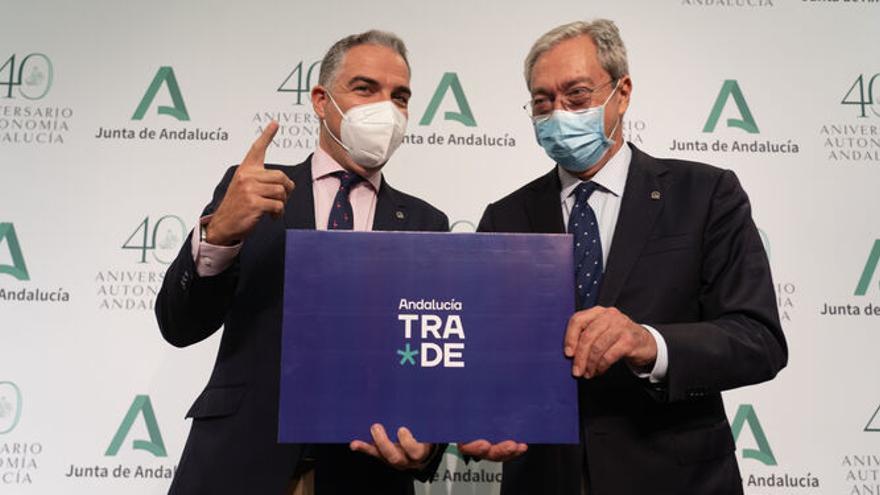 Elías Bendodo y Rogelio Velasco con el logotipo de Trade.