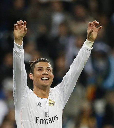 Real Madrid's Cristiano Ronaldo celebrates his second goal against Celta Vigo during their Spanish First Division soccer match at Santiago Bernabeu stadium in Madrid