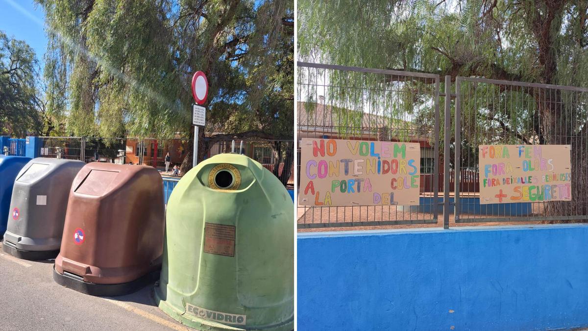 El AMPA del colegio pide que retiren los contenedores de delante del colegio y han colgado pancartas de protesta.