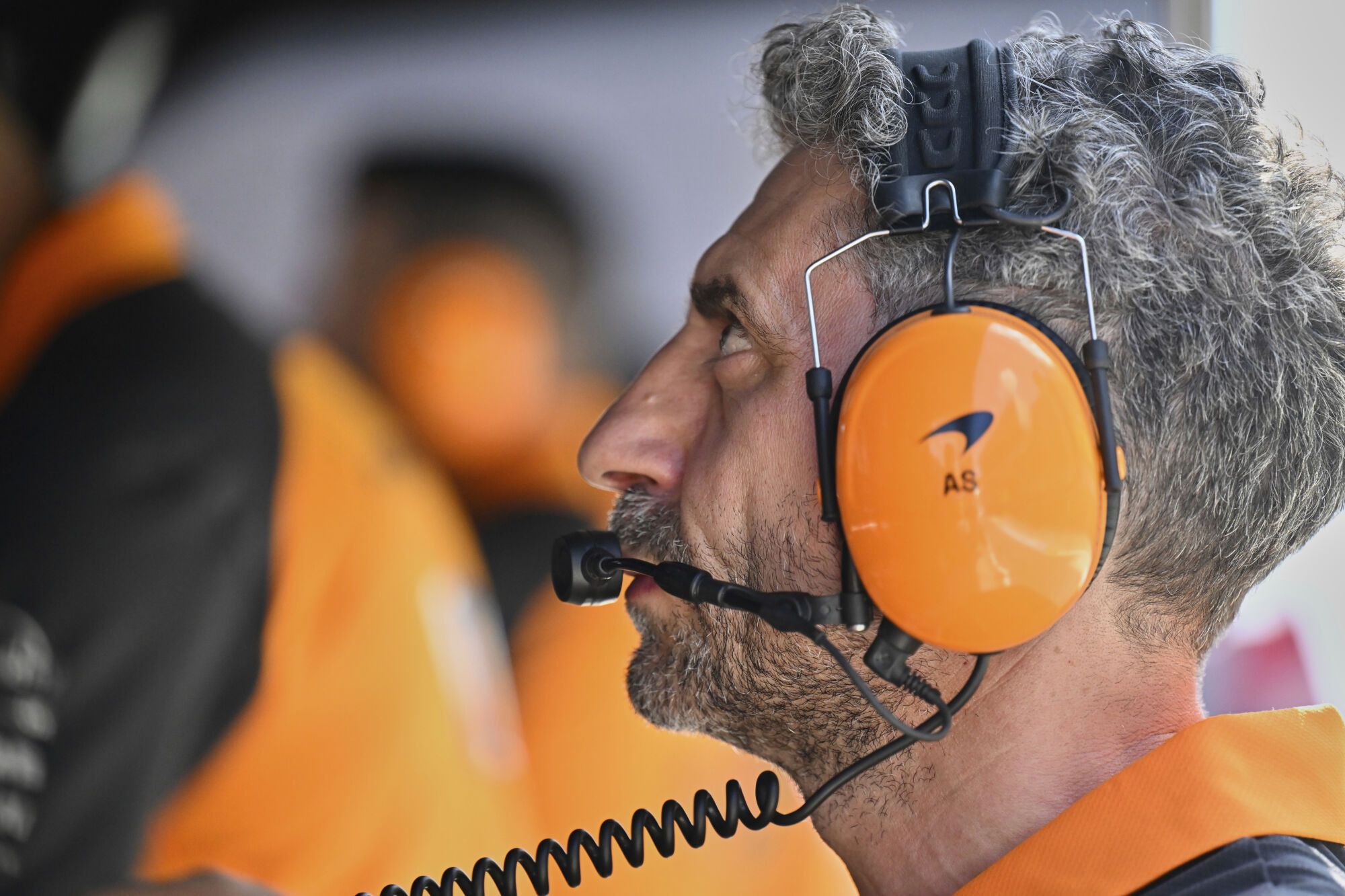 McLaren team principal Andrea Stella watches a monitor during the Austrian Formula One Grand Prix in Spielberg, Austria, Sunday, June 29, 2025. (AP Photo/Denes Erdos, Pool). POOL PHOTO