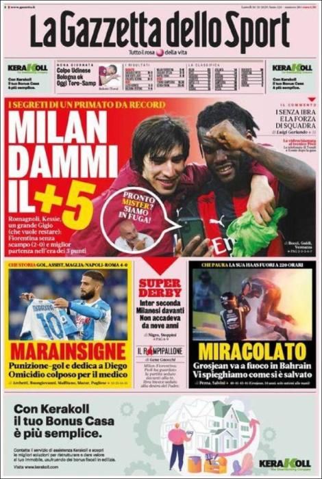 Portada GAZZETTA DELLO SPORT 30 noviembre 2020