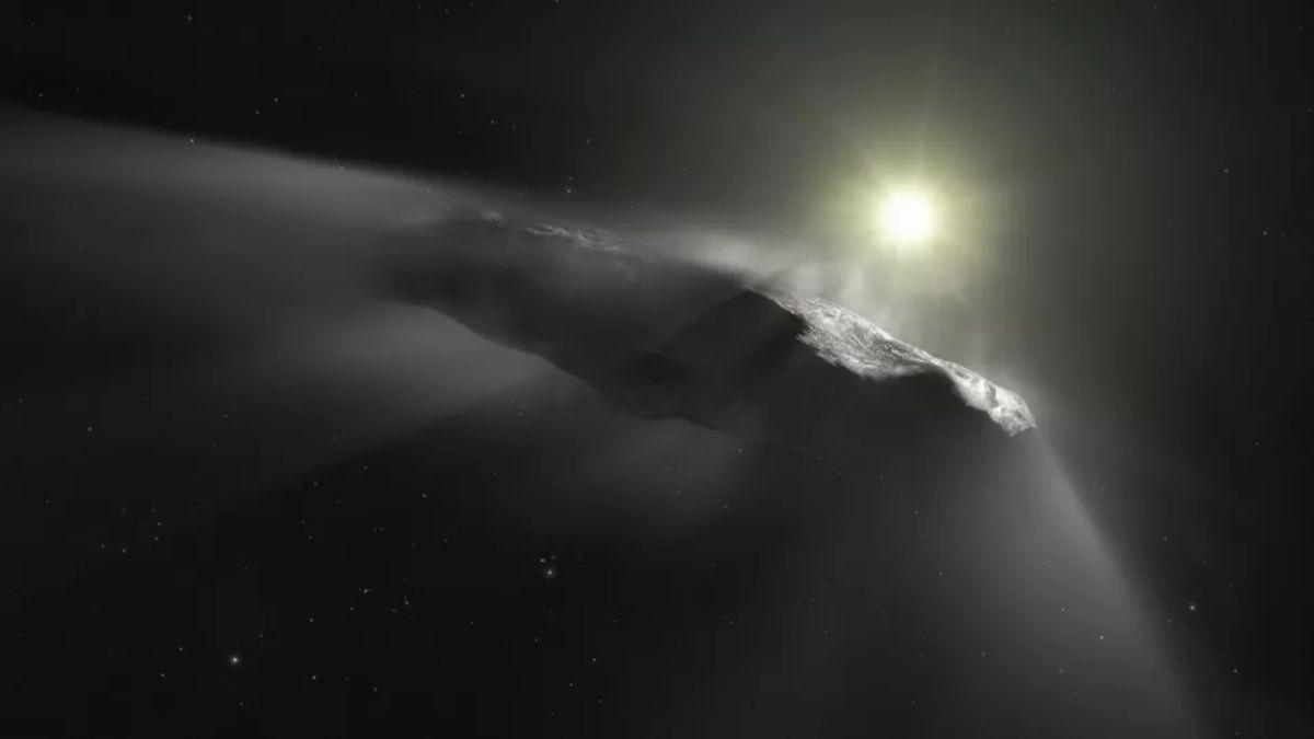 Representación artística del objeto interestelar Oumuamua.