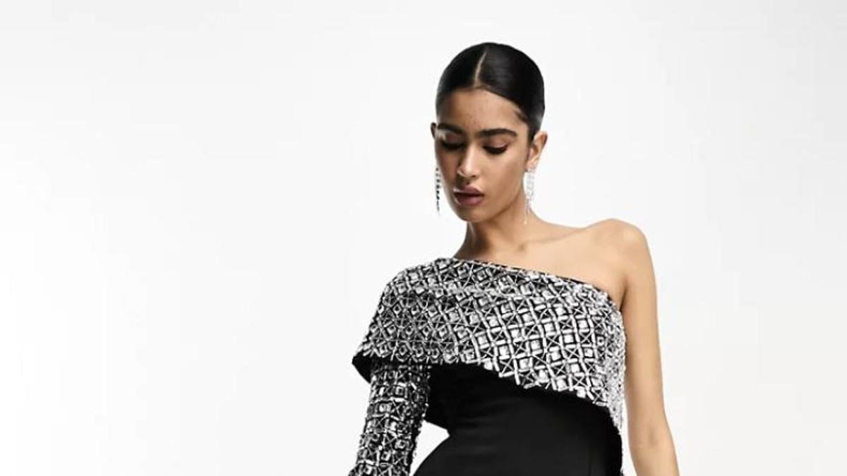 Vestido largo negro asimétrico con adornos de lentejuelas plateadas de ASOS DESIGN