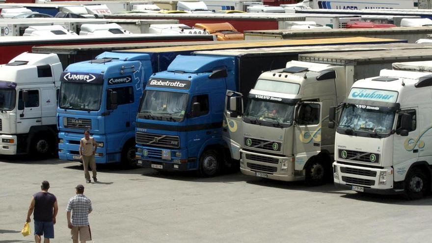 Camiones de la marca Volvo y MAN, estacionados en un área de servicio.