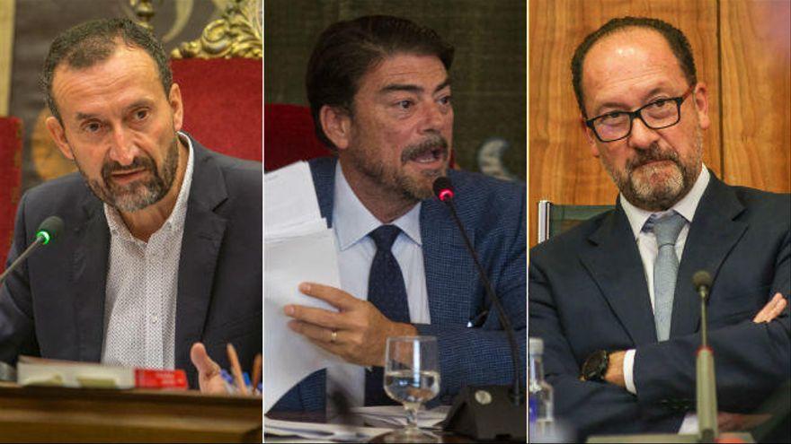 De izquierda a derecha: Carlos González, alcalde de Elche; Luis Barcala, primer edil de Alicante y Emilio Bascuñana, de Orihuela