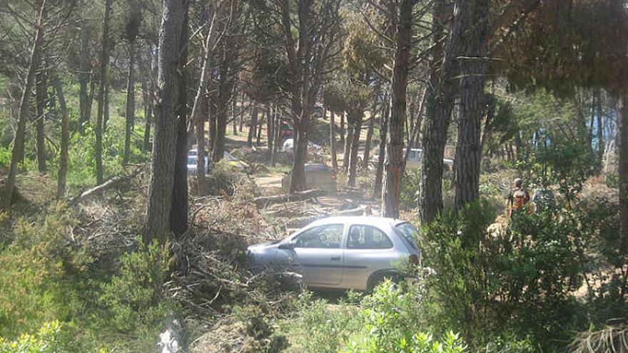 Turismes aparcats dilluns enmig del brancam a l&#039;alçada de cala Estreta.