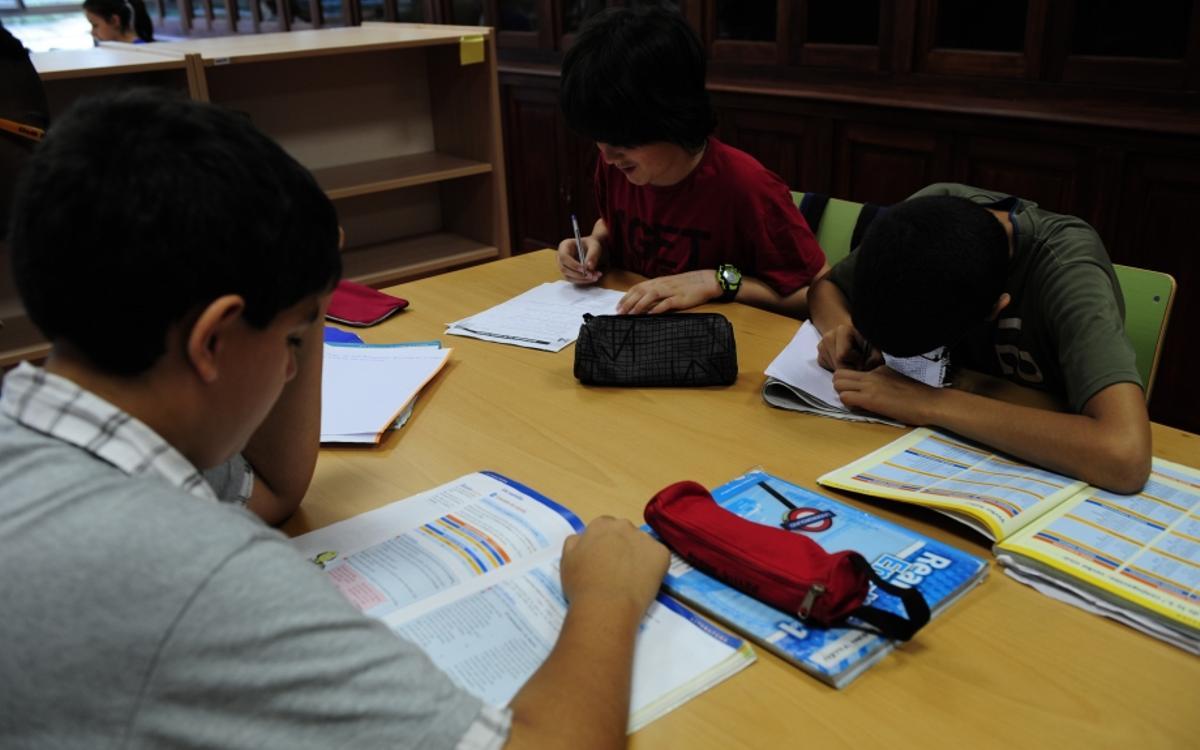 Unos estudiantes hacen sus deberes en la biblioteca de su centro escolar.