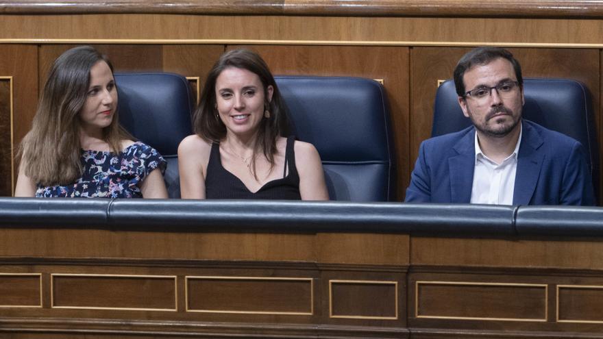 Ione Belarra, Irene Montero y Alberto Garzón, en el Congreso.