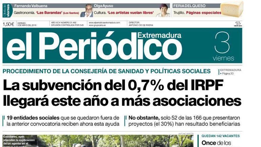 Esta es la portada de EL PERIÓDICO EXTREMADURA correspondiente al día 3 de mayo del 2019