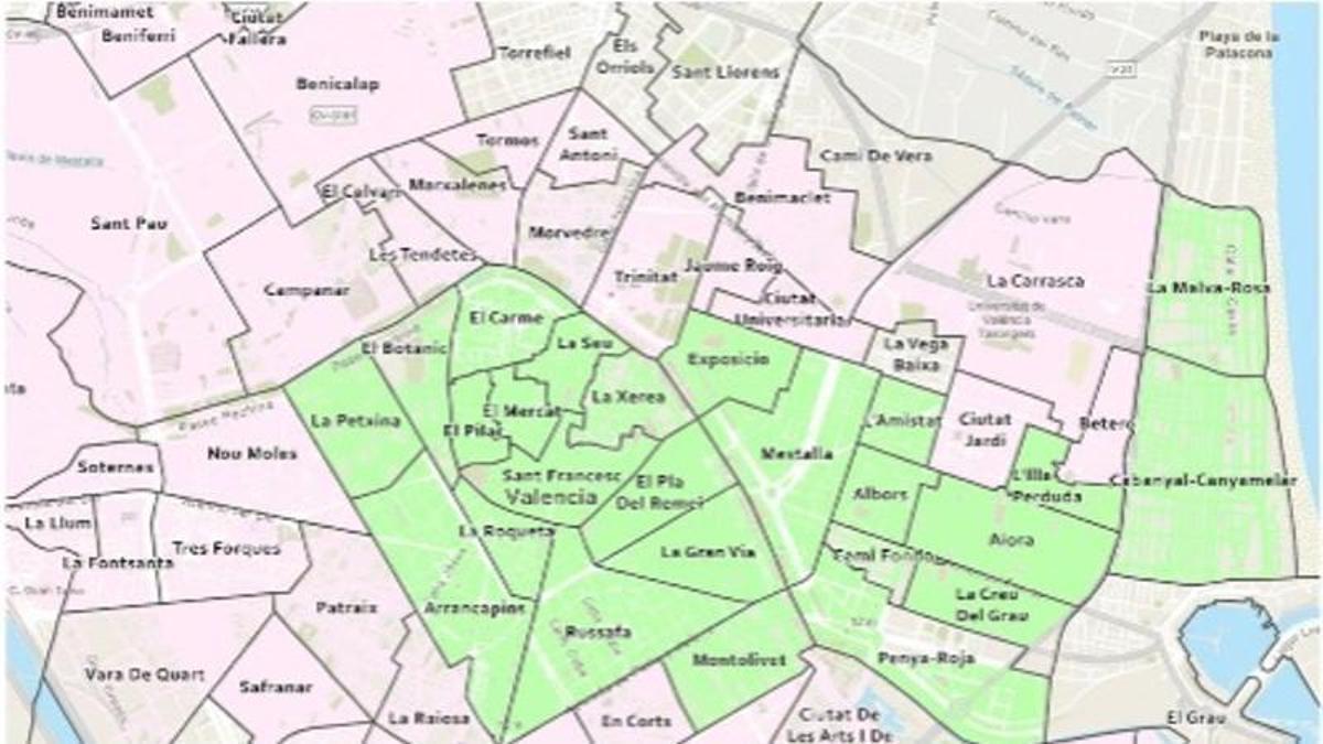 Mapa de Valencia: en verde, reformas; en rosa, reparaciones