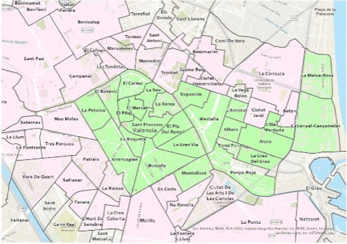 Mapa de Valencia: en verde, reformas; en rosa, reparaciones