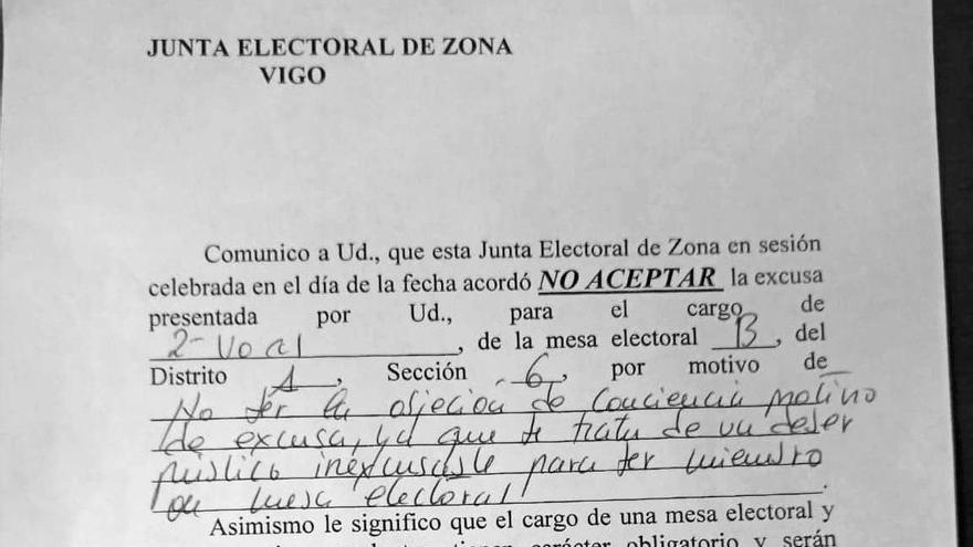 El documento enviado desde la Junta Electoral