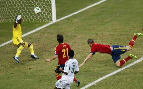 Spain's Torres scores a goal past Nigeria's goalkeeper Enyeama during their Confederations Cup Group B soccer match at the Estadio Castelao in Fortaleza