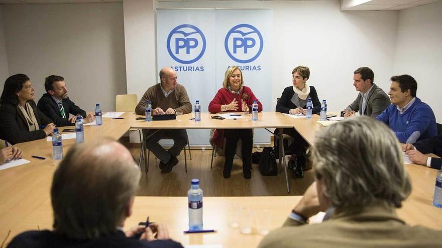 Mercedes Fernández, en el centro, durante la reunión del Grupo Popular, ayer, en Oviedo.