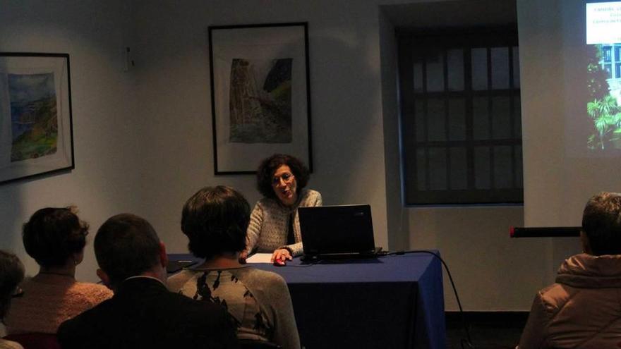 Soledad Álvarez, al fondo, durante su conferencia en Candás.