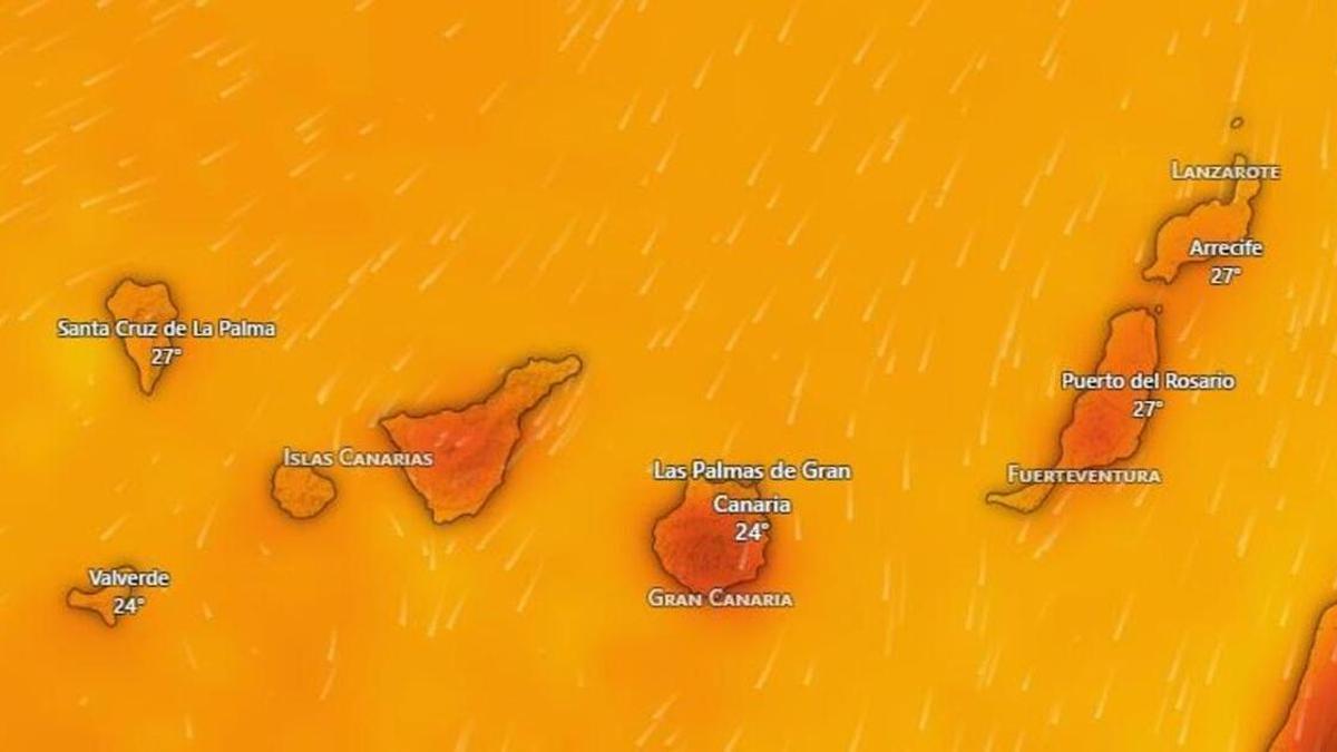 Temperaturas previstas en Canarias para las 15.00 horas del jueves 30 de julio de 2026, según Windy