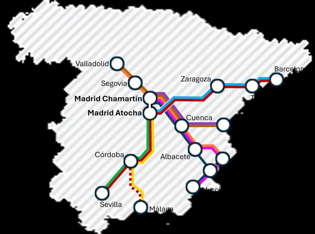 Mapa con las rutas de alta velocidad que cubre la empresa Ouigo este 2025.