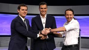 Albert Rivera, Pedro Sánchez y Pablo Iglesias, en el debate electoral organizado por ’El País’.