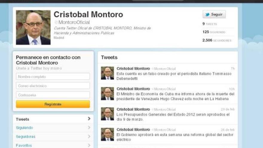 La falsa cuenta de Montoro en Twitter, ya con la rectificación sobre su autoría.