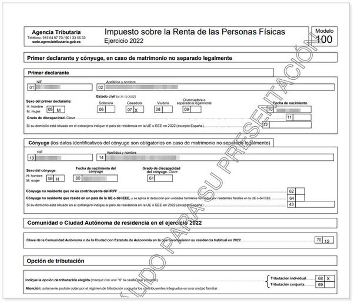 Ejemplo de borrador de la Declaración de la Renta