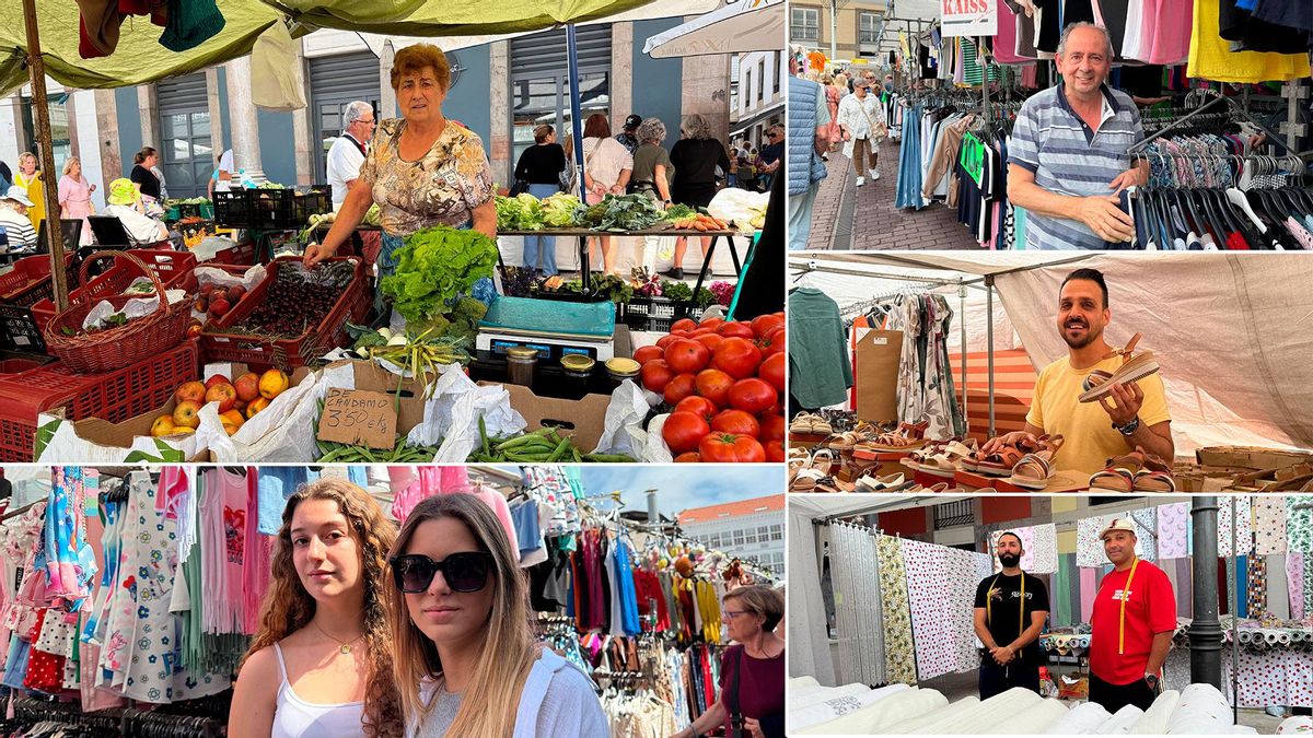 Arriba, por la izquierda, Carmen García, con sus productos de la huerta; Daniela Soto, de 15 años, y Adriana Ramos, de 14, en busca de un vestido; Manuel Pérez, de Kaiss; Samuel Borja muestra una sandalia en su puesto y Tomas Jiménez y Ángel Jiménez, propietarios del Telar de Ángela.