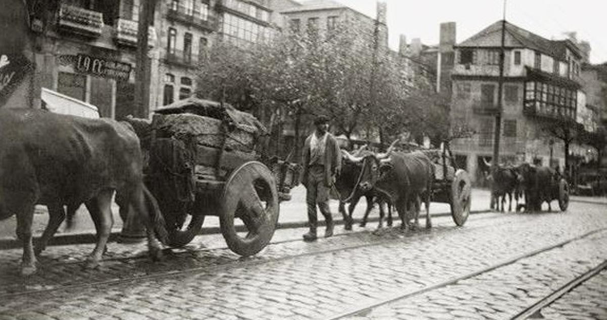 Carros de bueyes trasladando sillares de cantería por la actual calle Elduayen en los años 30 del pasado siglo.