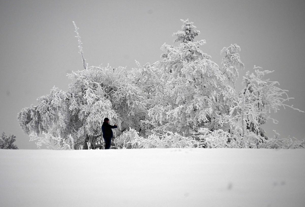 Paisaje cubierto de nieve en la montaña Kahler Asten cerca de Winterberg, Alemania occidental