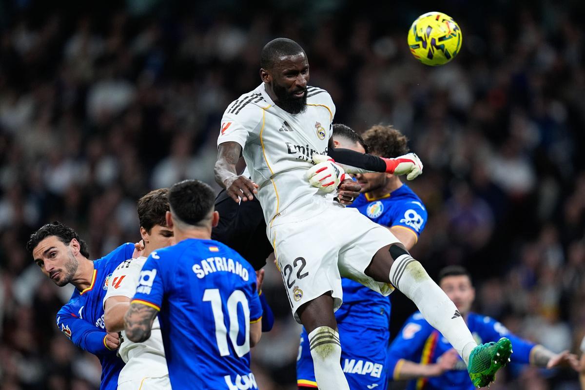 Antonio Rudiger of Real Madrid CF in action during the Spanish League, LaLiga EA Sports, football match played between Real Madrid and Getafe CF at Bernabeu stadium on March 02, 2026, in Madrid, Spain. AFP7 02/03/2026 ONLY FOR USE IN SPAIN. Dennis Agyeman / AFP7 / Europa Press;2026;SOCCER;SPAIN;SPORT;ZSOCCER;ZSPORT;Real Madrid v Getafe CF - LaLiga EA Sports