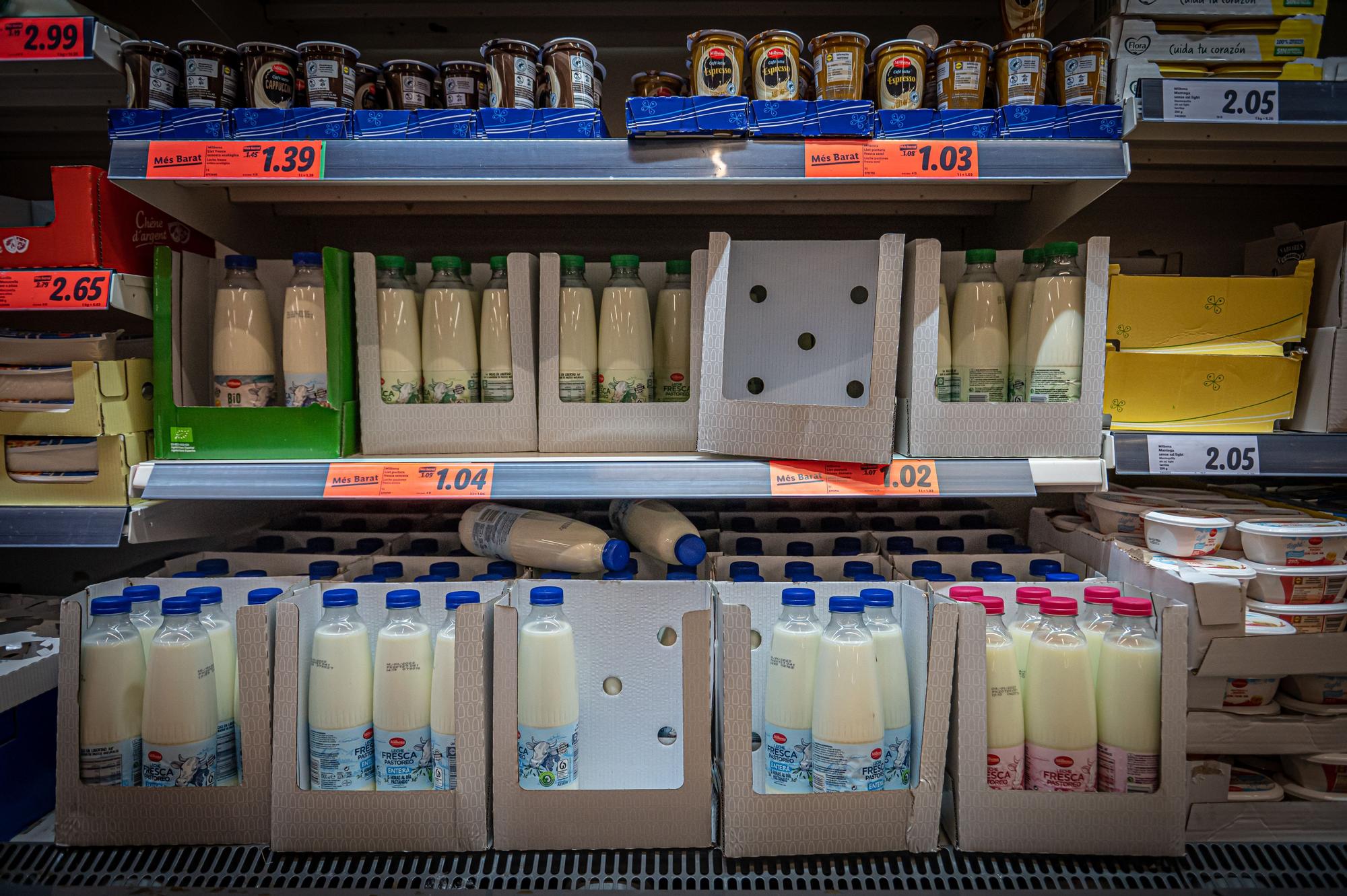 Barcelona 02/01/2023 Economía. Efecto de la rebaja del IVA en los precios de verduras, aceite y leche, en supermercados y en mercados. Ambiente en un supermercado LIDL del eixample. Los precios en rojo son los que se han reducido con la modificación del IVA por parte del Gobierno. Lácteos, pan, derivados lácteos como quesos... AUTOR: MANU MITRU