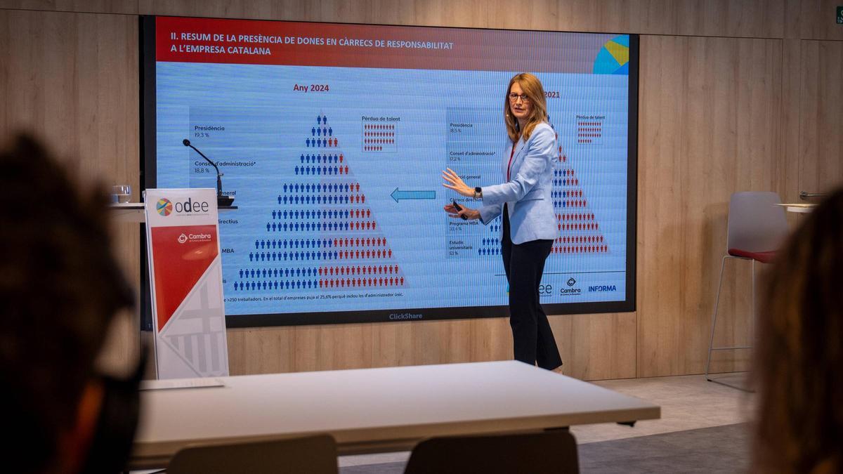 La directora del ODEE de la Cambra de Comerç, Carme Poveda, en la presentación de un informe sobre la proporción de mujeres directivas en Catalunya.