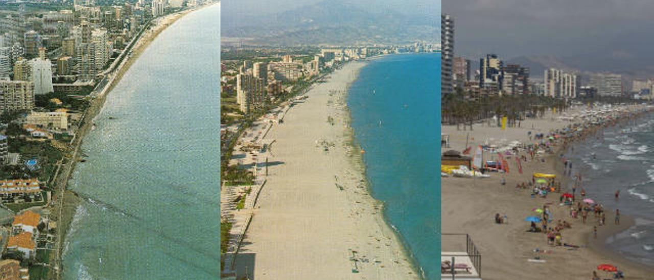 A la izquierda la playa de San Juan en 1990, antes de su regeneración. En el centro, la playa tras la actuación, cuando alcanzó los 90 metros de ancho. A la derecha, imagen actual