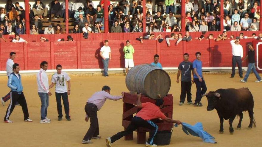 Aficionados citan al novillo durante la celebración de una fuente de vino en la plaza de toros.