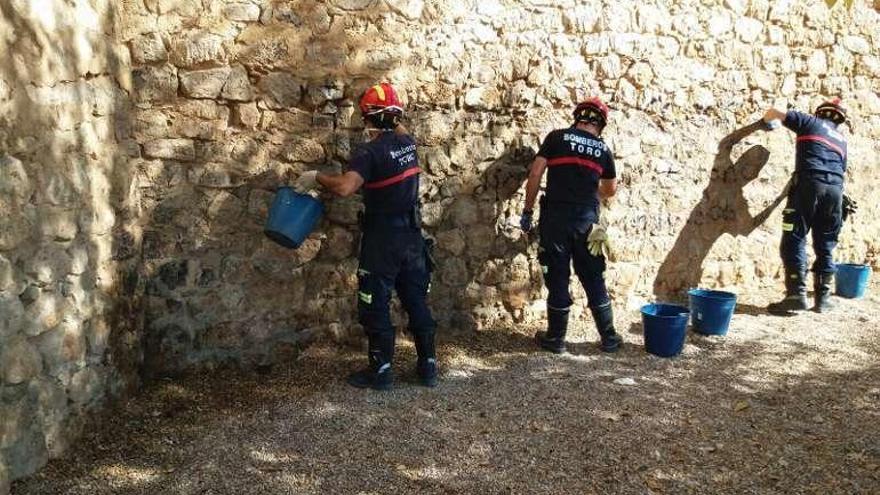 Bomberos limpian uno de los muros pintados del Alcázar.