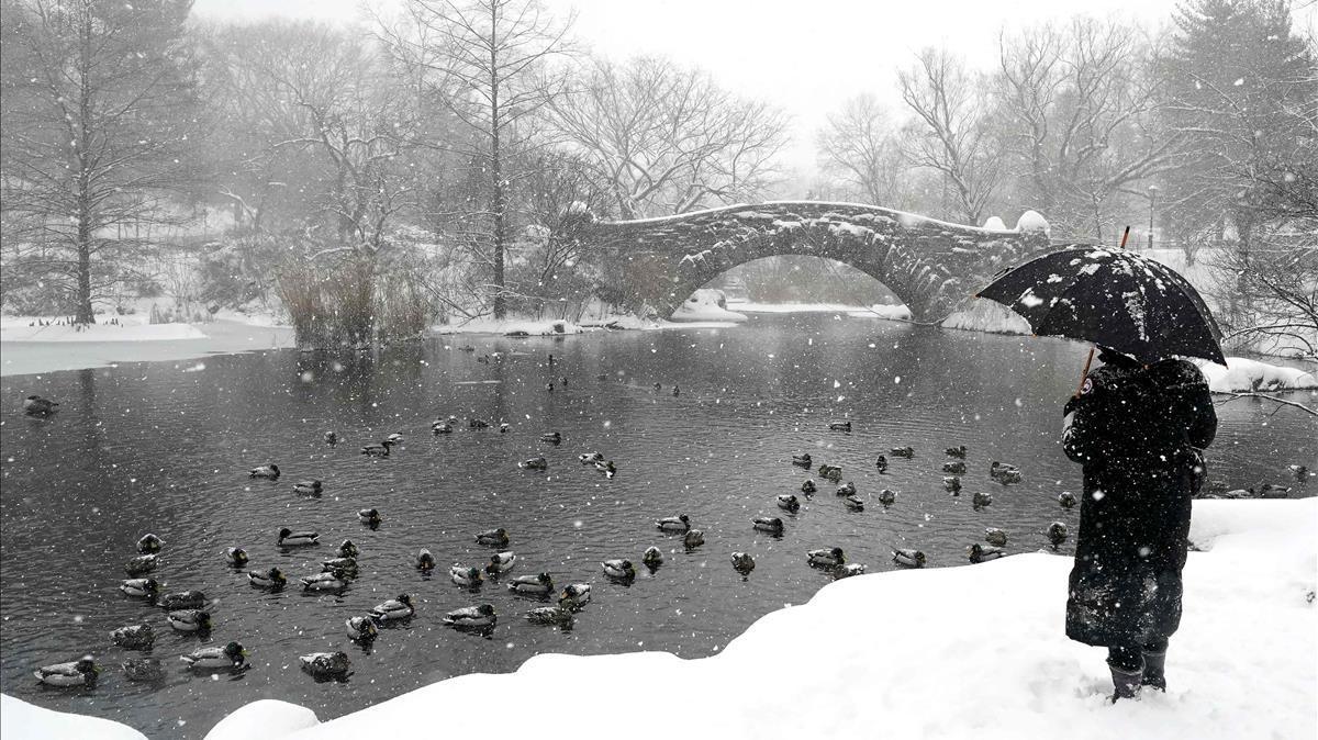 El puente de Gapston en el Central Park nos brinda una bonita postal después de la tormenta de nieve 