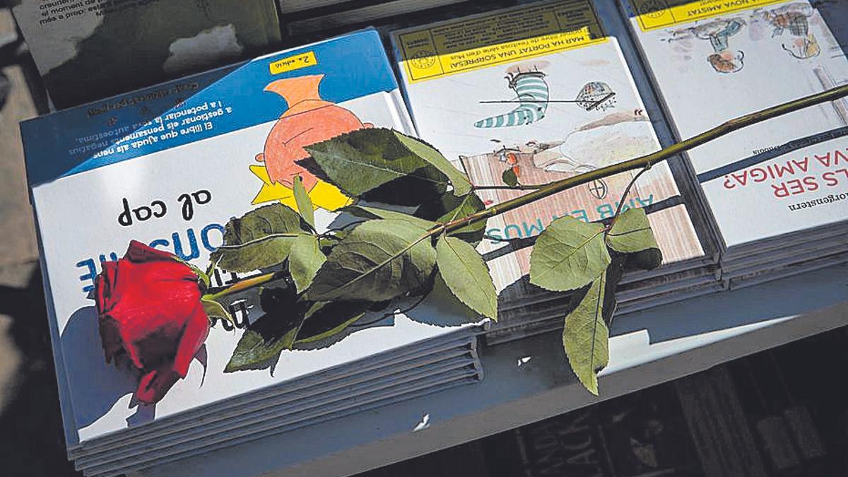 Una rosa sobre varios libros infantiles, en Sant Jordi.