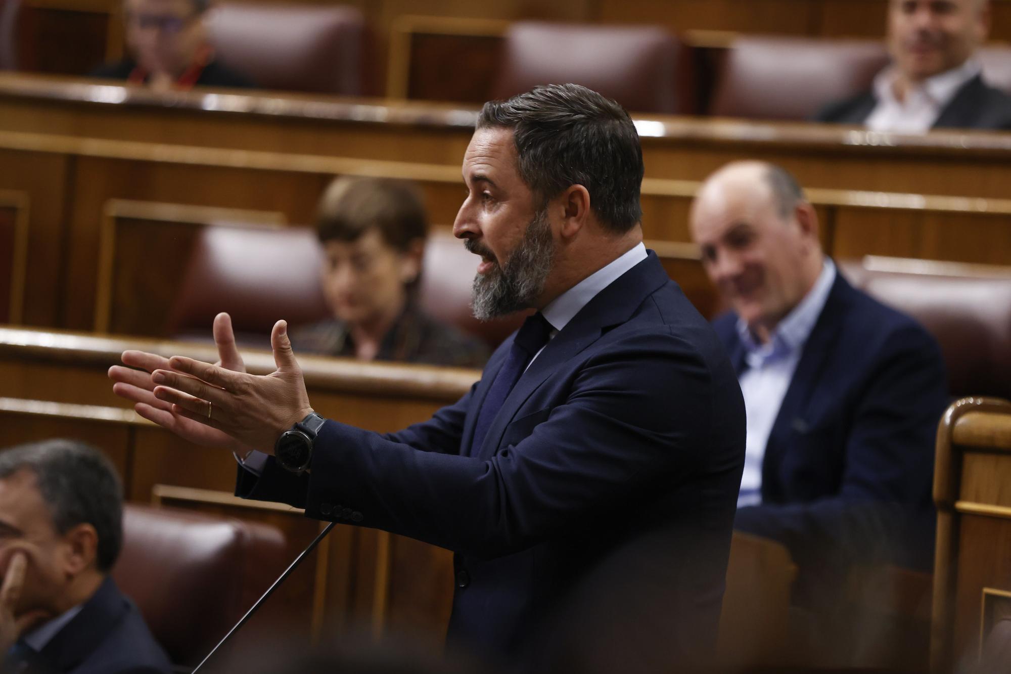 El líder de Vox, Santiago Abascal, durante su intervención en la sesión de control al Gobierno este miércoles en el Congreso.