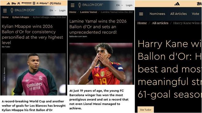 Lío en el Balón de Oro: su web publica tres artículos coronando a Lamine Yamal, Kane y Mbappé horas antes de la gala