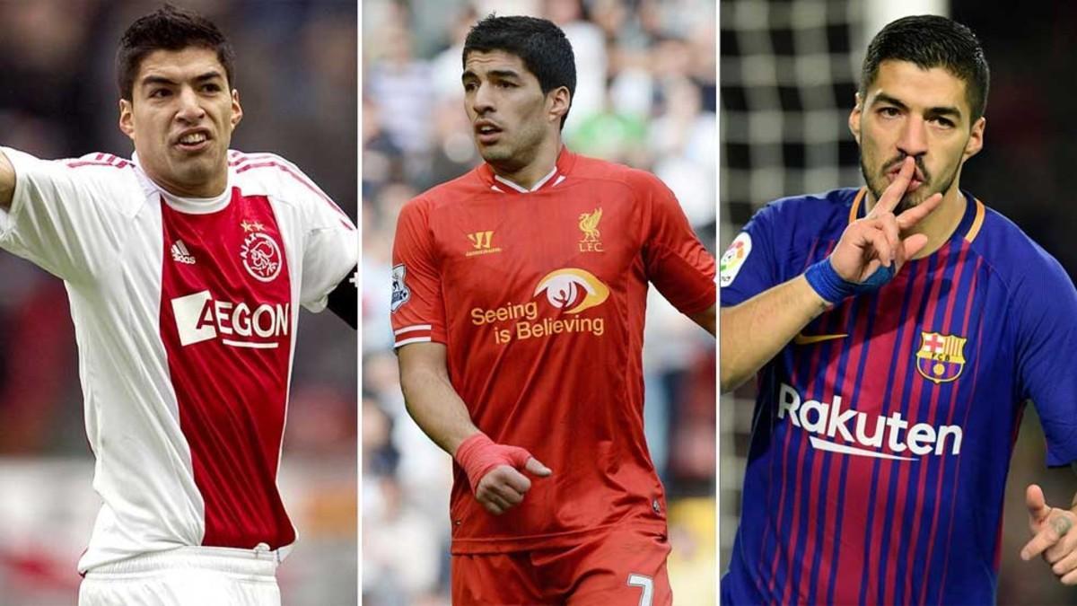 Luis Suárez con las camisetas del Ajax, Liverpool y FC Barcelona. En Europa también jugó con el Groningen