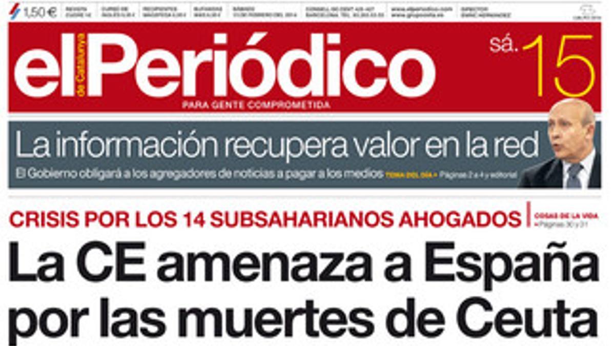 La portada de EL PERIÓDICO (15-2-2014).