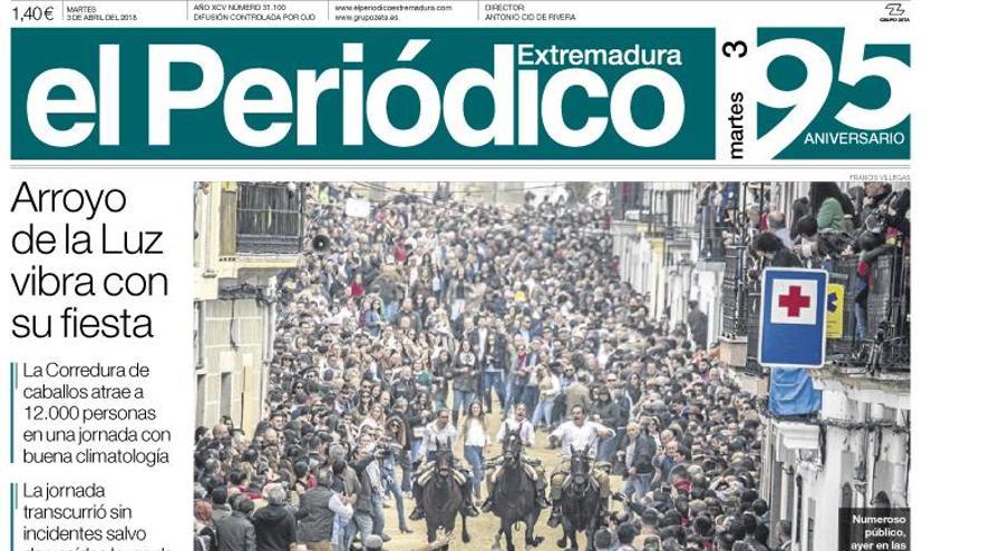 Esta es la portada de EL PERIÓDICO EXTREMADURA correspondiente al día 3 de abril del 2018