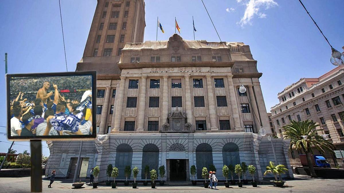 Fotomontaje de la fachada del Cabildo y una pantalla con el último ascenso a Primera División del CD Tenerife