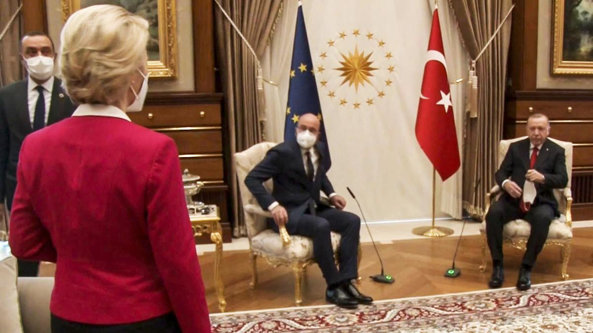 European Commission President Ursula von der Leyen stands as European Council President Charles Michel and Turkish President Tayyip Erdogan take seats in Ankara, Turkey April 6, 2021, in this screengrab obtained by Reuters. European Union/via REUTERS TV ATTENTION