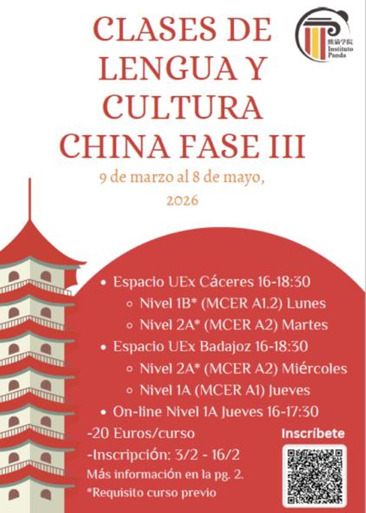 Cartel Clases de lengua y cultura china Fase III.