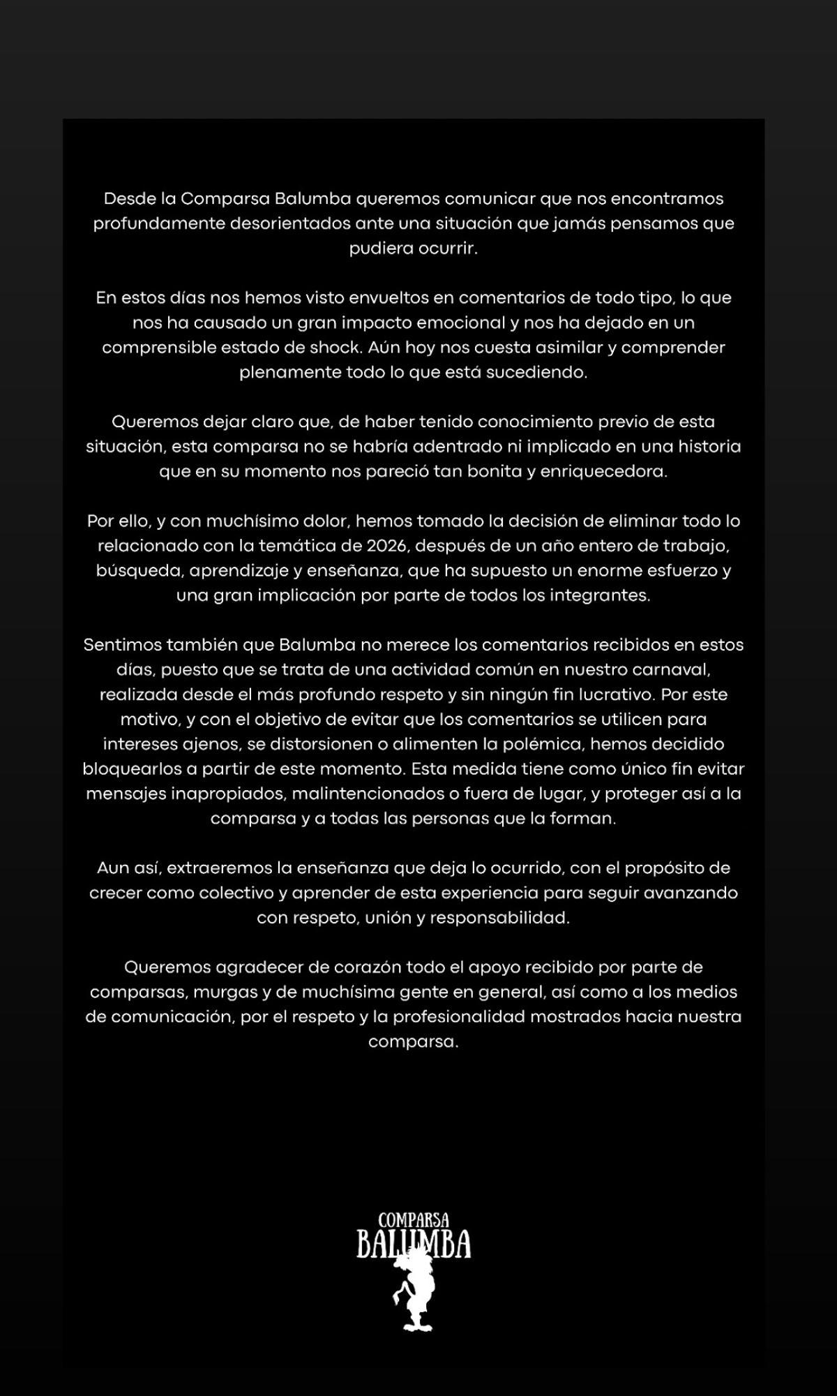 Comunicado de Balumba mediante una historia de Instagram.