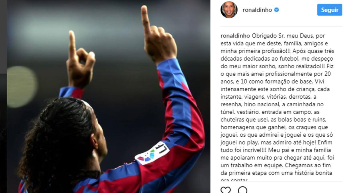 Mensaje de Ronaldinho de Assís en Instagram