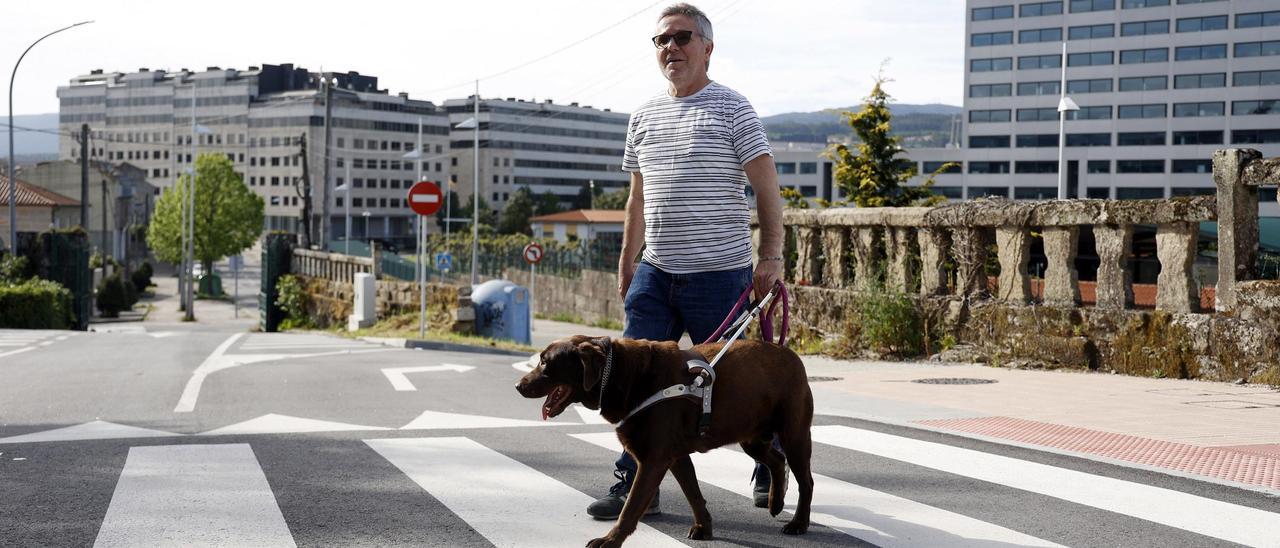 Spike guía a Antonio Manuel Villanueva al cruzar un paso de peatones en Pontevedra.