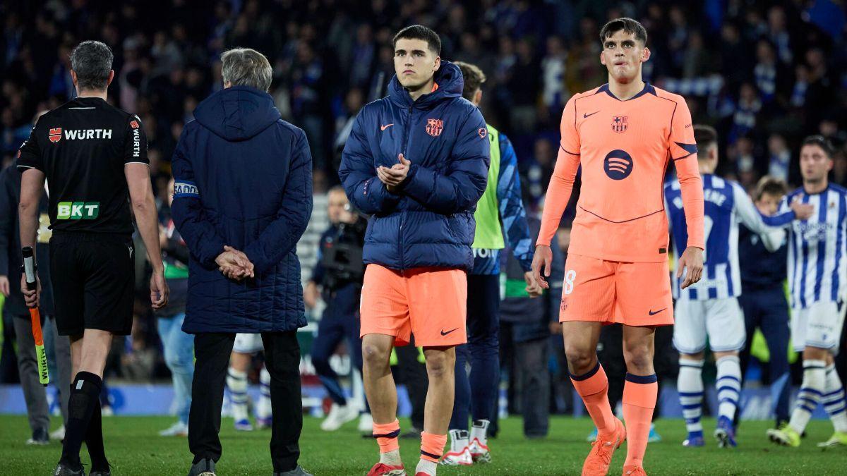 Gerard Martín y Cubarsí agradecieron el apoyo a la afición del Barça en Anoeta