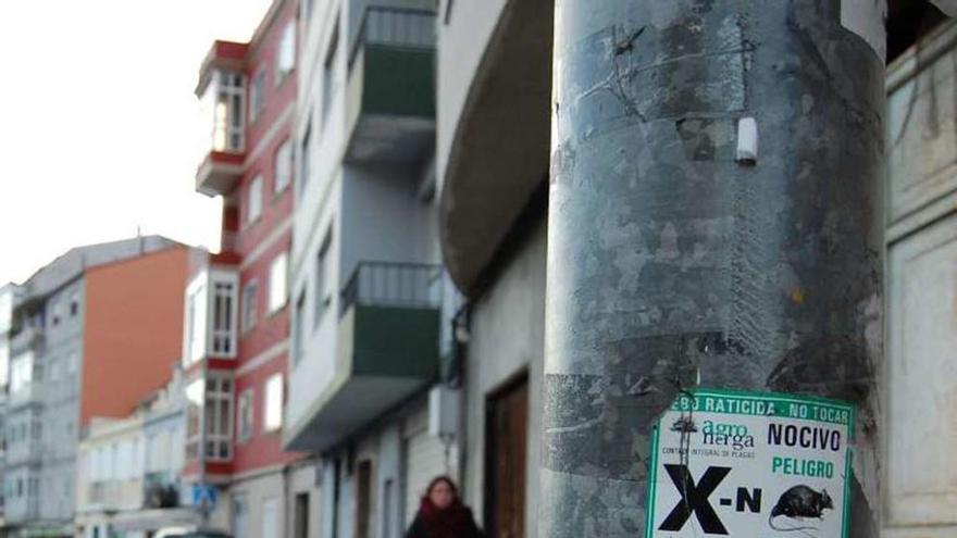 Un cartel situado en una farola de la Avenida de Vigo, en Chapela, advierte de la campaña de desratización. // FdV