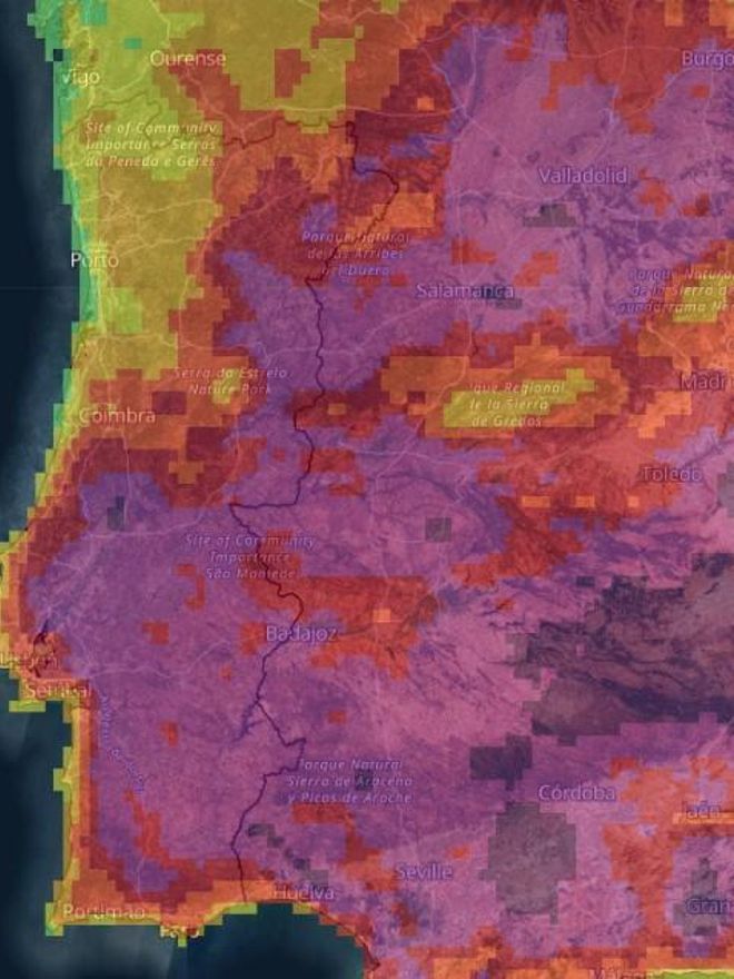 Riesgo de incendios para el sábado 21 de mayo: los tonos rojos y morados indican riesgo alto y extremo.