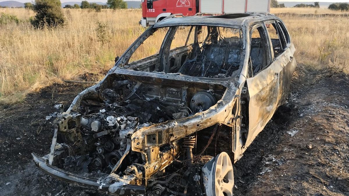 Aspecto del coche calcinado en el monte del término de Quiruelas de Vidriales.